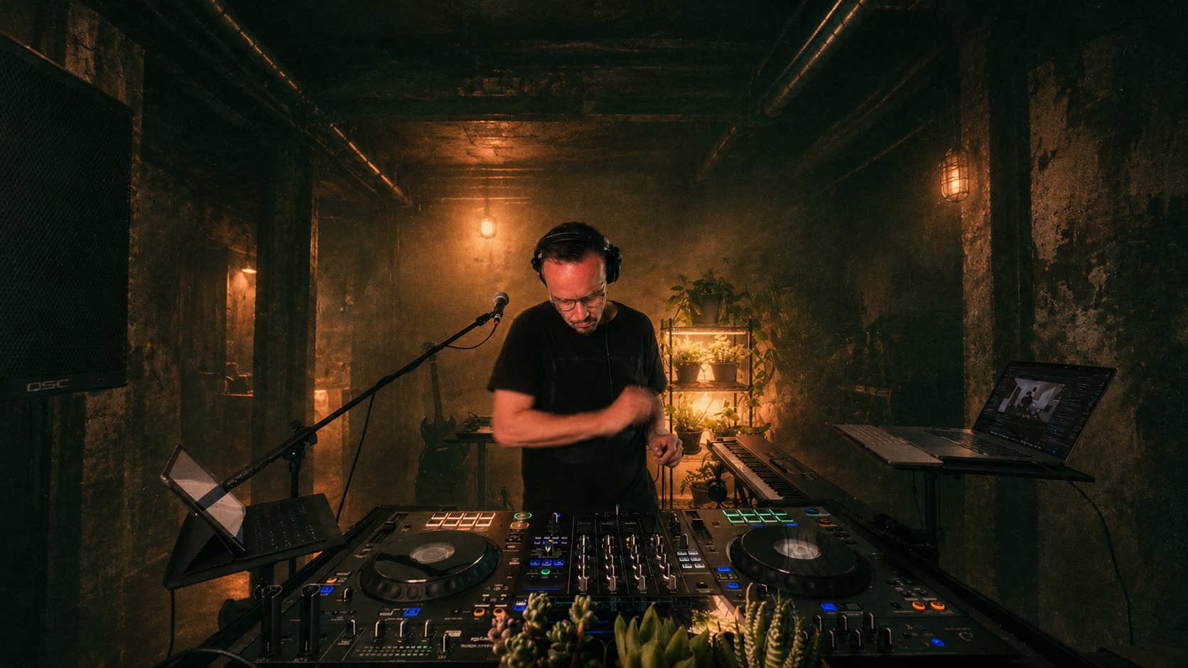 Simon Shackleton at the decks in a warmly lit studio